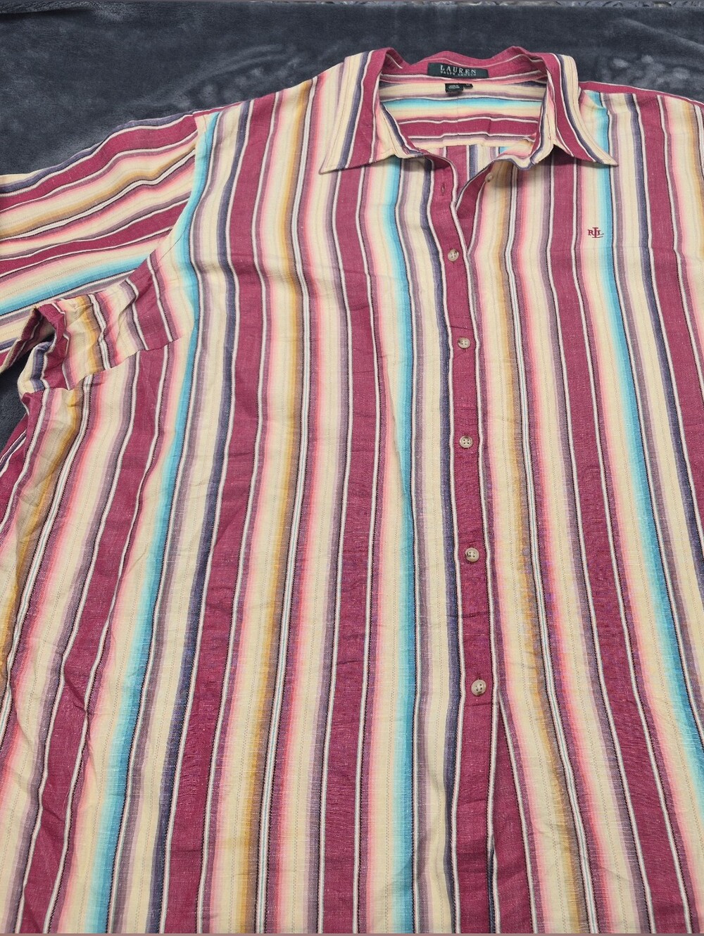 VTG RALPH LAUREN Color Palette Striped Linen Blend Button Blouse SZ 2X Shirt Top